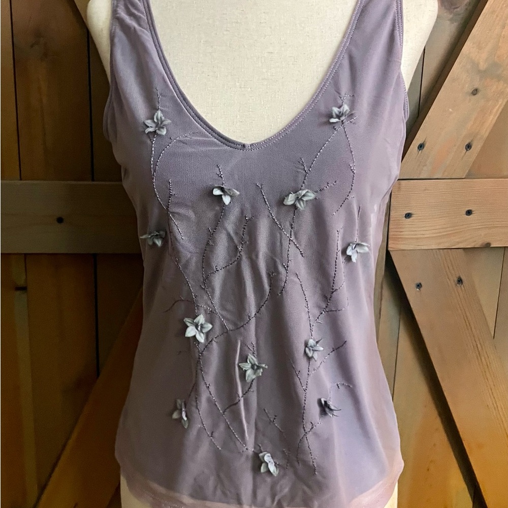 Vintage Express , Unique Lavender Embellished with florets sheer Women's Top
